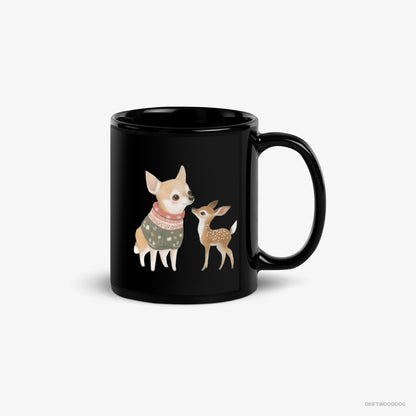 Chihuahua Mug – Unisex Black Mug Classic – with a Playful Reindeer (on White Background)