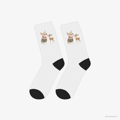 Chihuahua Socks – Unisex White Socks Classic – with a Playful Reindeer (on White Background)