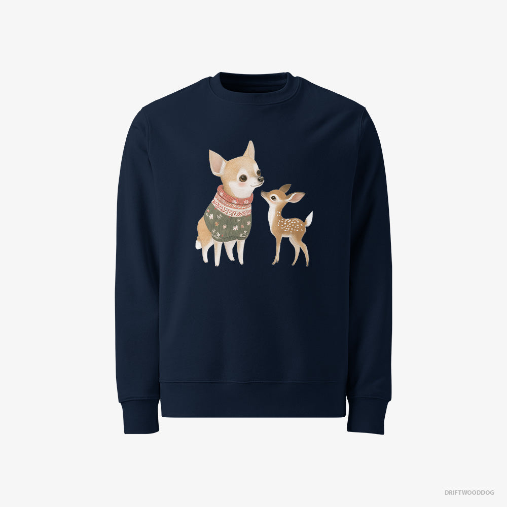 Chihuahua Sweatshirt – Men Navy Sweatshirt Classic – with a Playful Reindeer (on White Background)