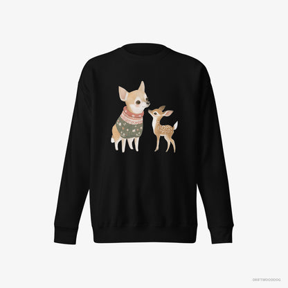 Chihuahua Sweatshirt – Men Black Sweatshirt Eco-Friendly – with a Playful Reindeer (on White Background)