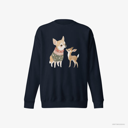 Chihuahua with a Playful Reindeer Navy Sweatshirt