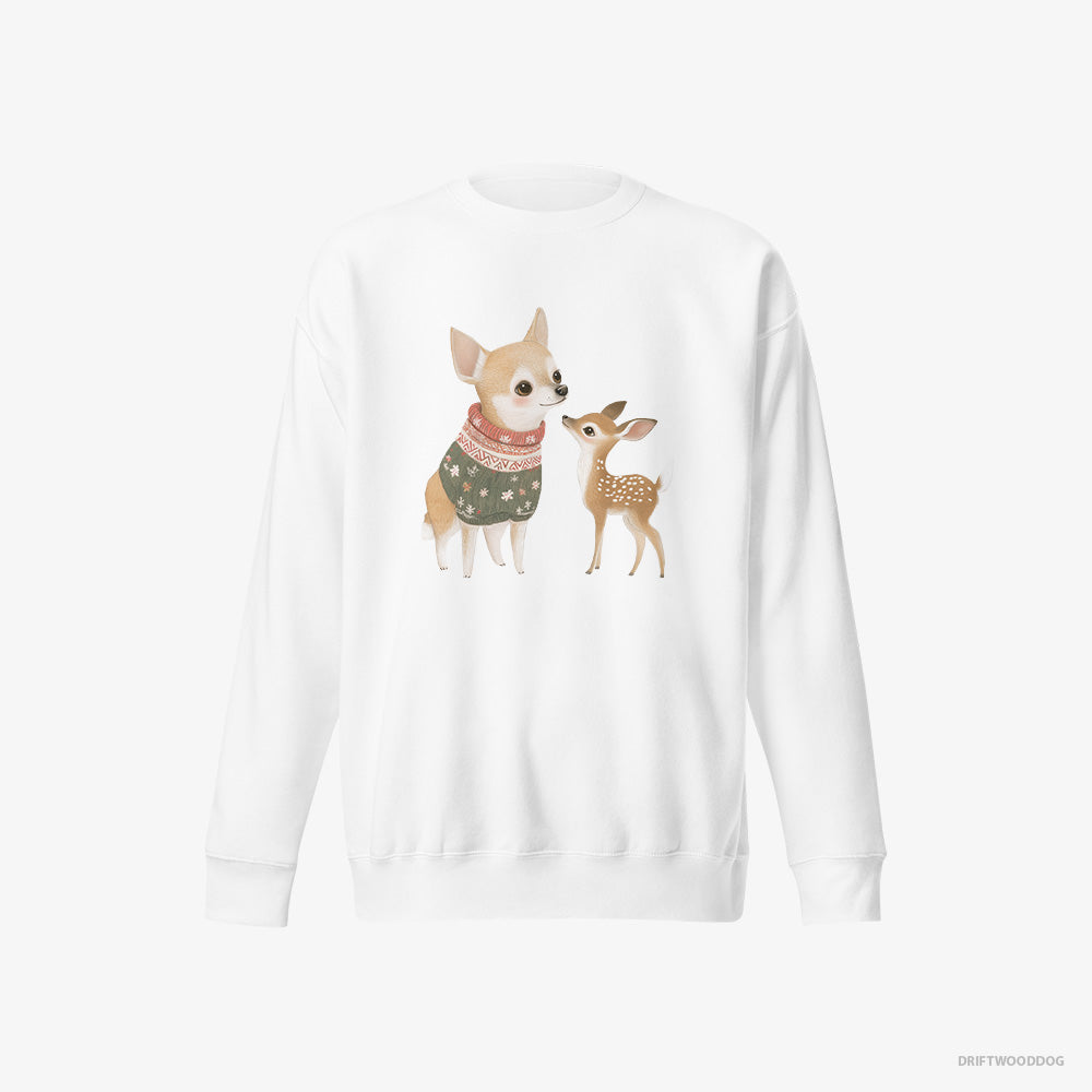 Chihuahua Sweatshirt – Men White Sweatshirt Eco-Friendly – with a Playful Reindeer (on White Background)