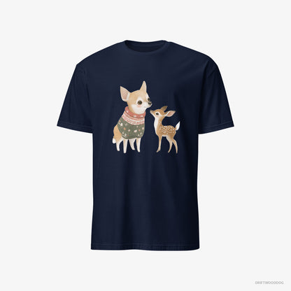 Chihuahua T-Shirt – Men Navy T-Shirt Classic – with a Playful Reindeer (on White Background)