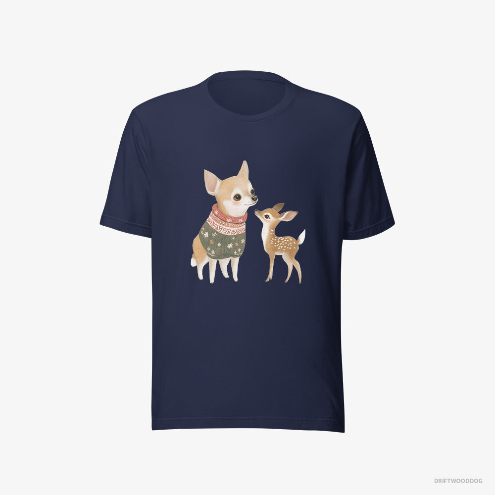 Chihuahua T-Shirt – Women Navy T-Shirt Eco-Friendly – with a Playful Reindeer (on White Background)