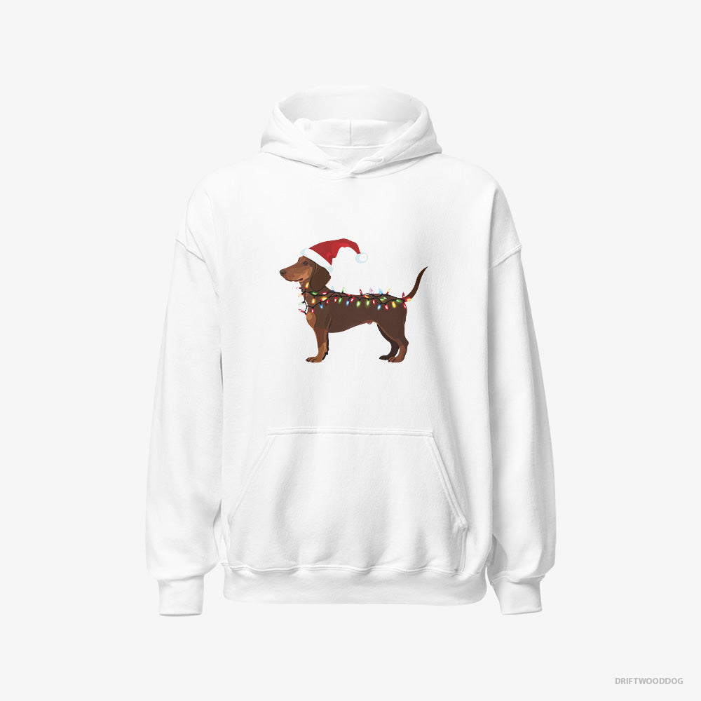 Dachshund Hoodie – Men White Hoodie Classic – Wrapped in Christmas Lights (on White Background)