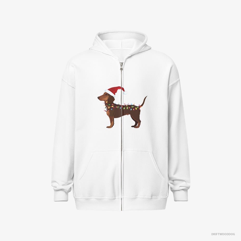 Dachshund Hoodie – Men White Hoodie Full-Zip – Wrapped in Christmas Lights (on White Background)