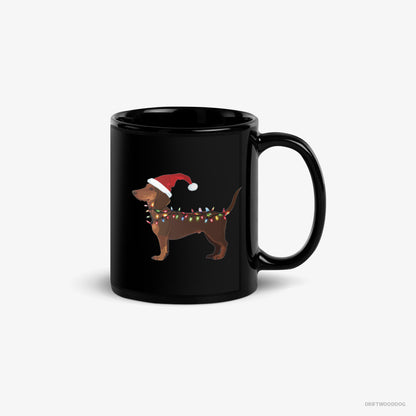 Dachshund Mug – Unisex Black Mug Classic – Wrapped in Christmas Lights (on White Background)