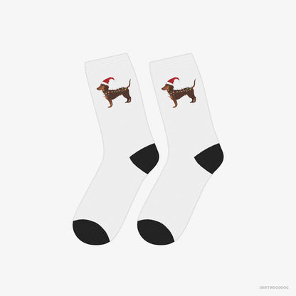 Dachshund Socks – Unisex White Socks Classic – Wrapped in Christmas Lights (on White Background)