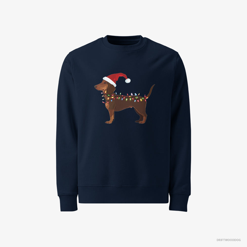 Dachshund Sweatshirt – Women Navy Sweatshirt Classic – Wrapped in Christmas Lights (on White Background)