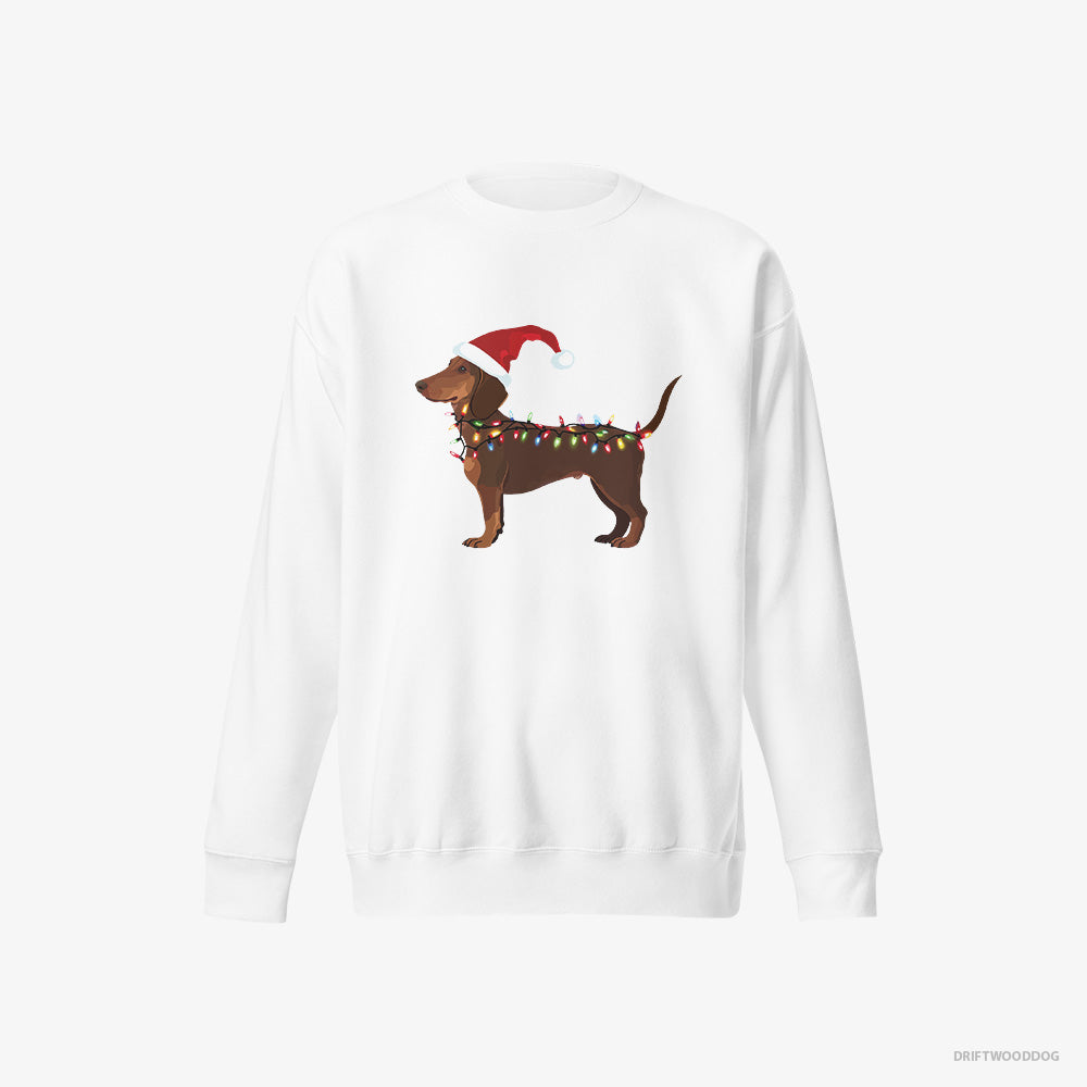 Dachshund Sweatshirt – Women White Sweatshirt Eco-Friendly – Wrapped in Christmas Lights (on White Background)