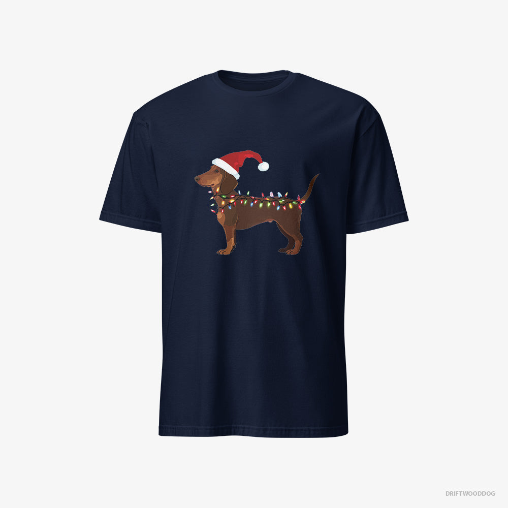 Dachshund T-Shirt – Men Navy T-Shirt Classic – Wrapped in Christmas Lights (on White Background)