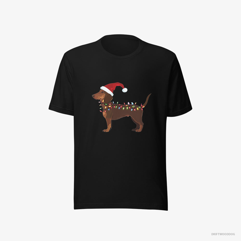 Dachshund T-Shirt – Men Black T-Shirt Eco-Friendly – Wrapped in Christmas Lights (on White Background)