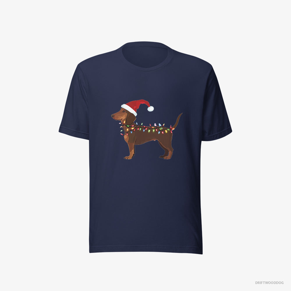 Dachshund T-Shirt – Men Navy T-Shirt Eco-Friendly – Wrapped in Christmas Lights (on White Background)