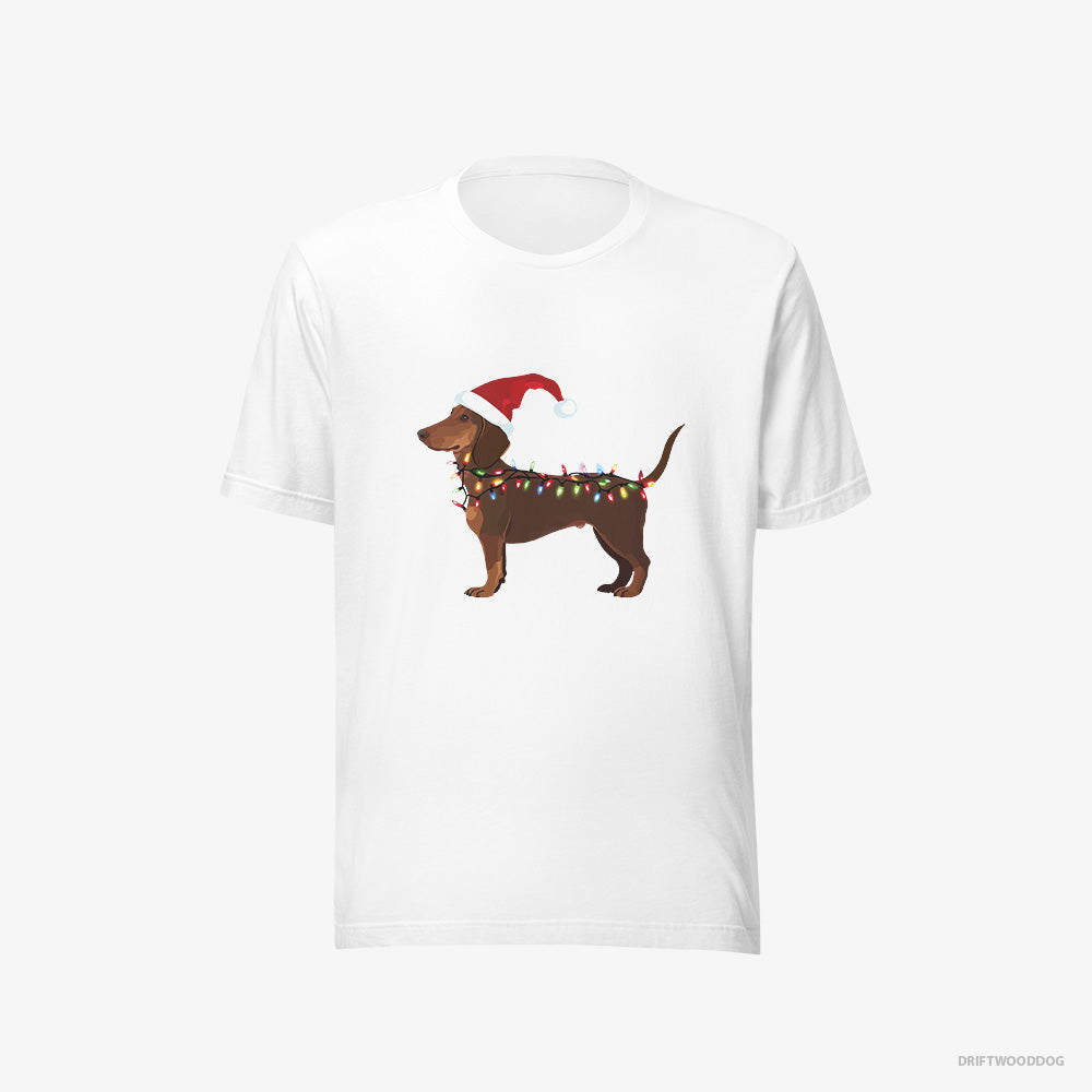 Dachshund T-Shirt – Men White T-Shirt Eco-Friendly – Wrapped in Christmas Lights (on White Background)