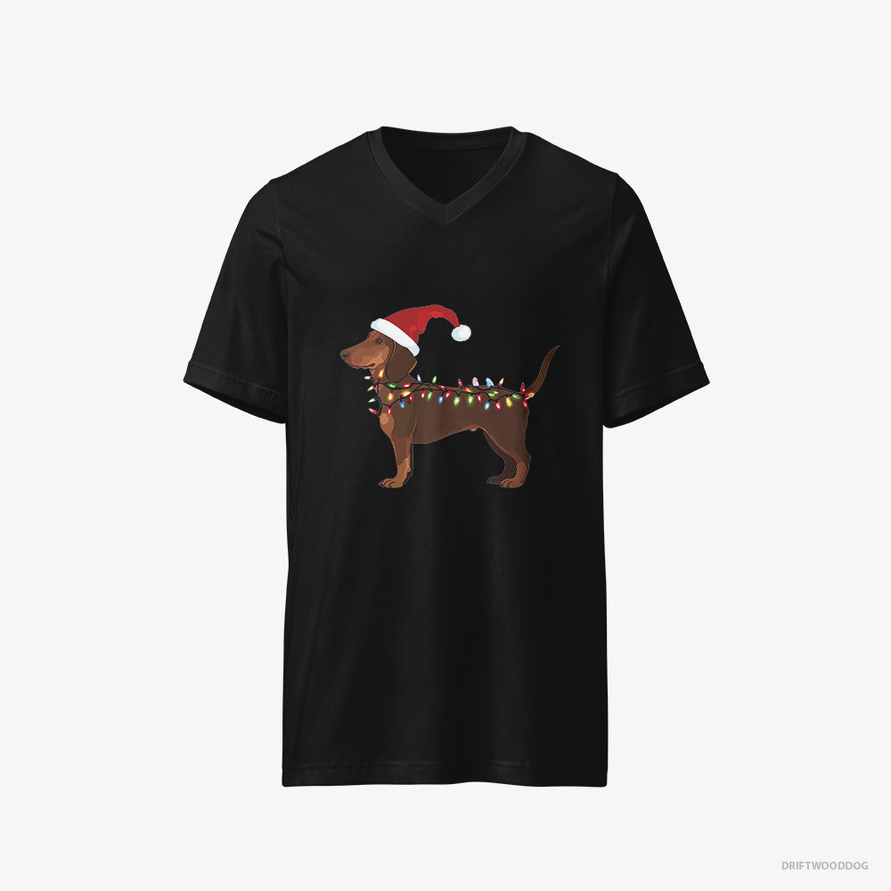 Dachshund T-Shirt – Men Black T-Shirt V-Neck – Wrapped in Christmas Lights (on White Background)