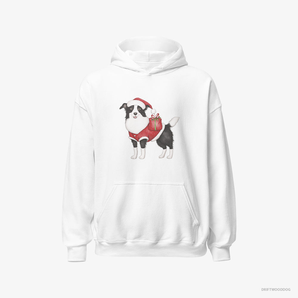 Border Collie Hoodie – Men White Hoodie Classic – in a Santa Suit (on White Background)