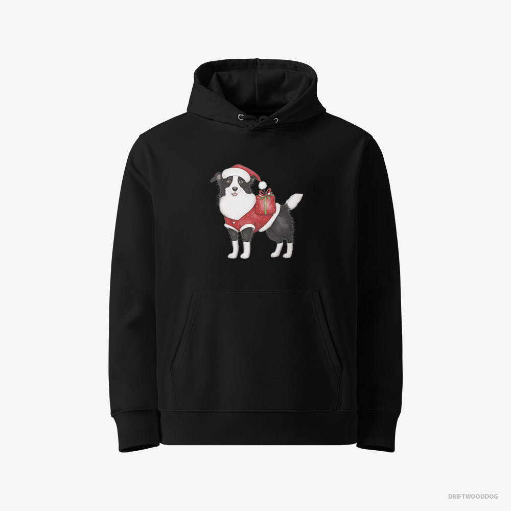 Border Collie Hoodie – Men Black Hoodie Eco-Friendly – in a Santa Suit (on White Background)