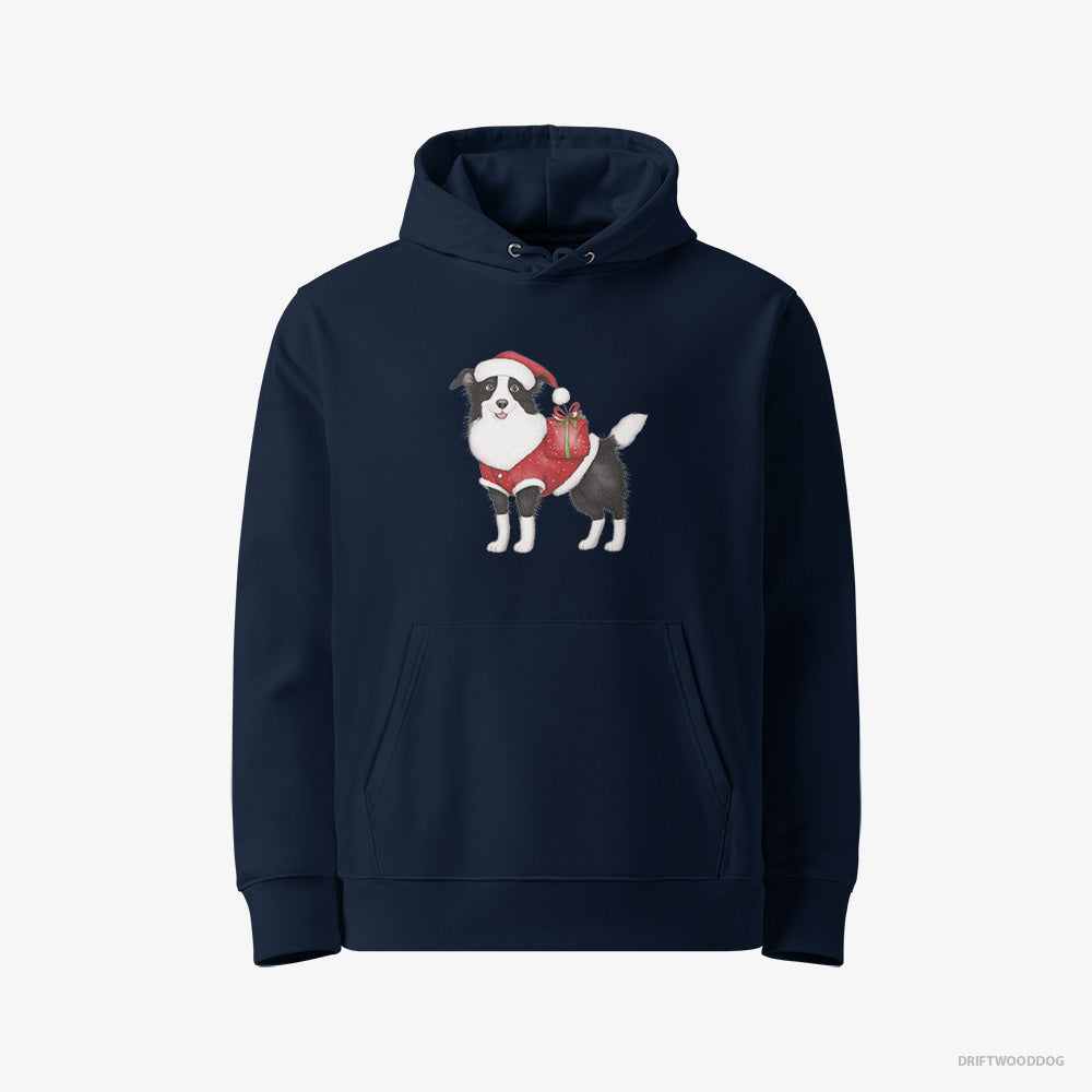 Border Collie Hoodie – Women Navy Hoodie Eco-Friendly – in a Santa Suit (on White Background)