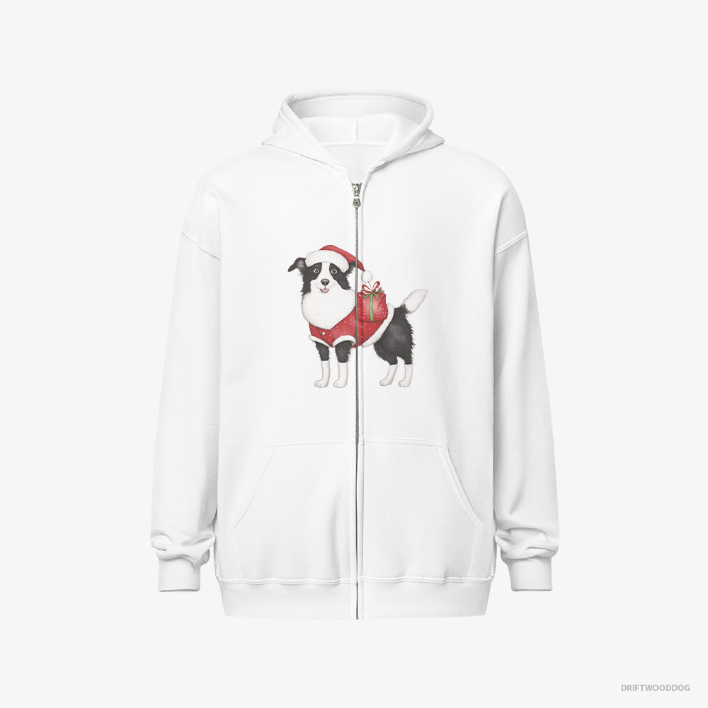 Border Collie Hoodie – Men White Hoodie Full-Zip – in a Santa Suit (on White Background)