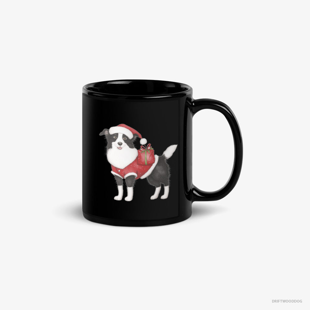 Border Collie Mug – Unisex Black Mug Classic – in a Santa Suit (on White Background)