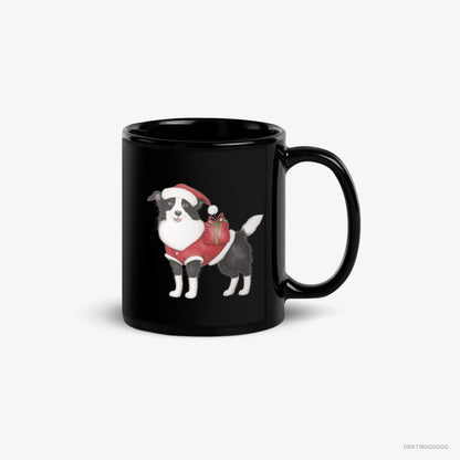 Border Collie Mug – Unisex Black Mug Classic – in a Santa Suit (on White Background)