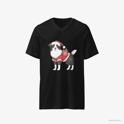 Border Collie T-Shirt – Men Black T-Shirt V-Neck – in a Santa Suit (on White Background)