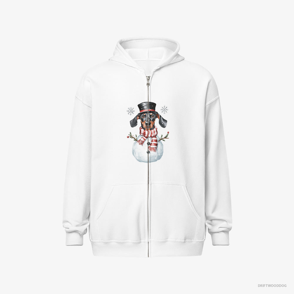 Dobermann Hoodie – Men White Hoodie Full-Zip – Dressed as a Snowman (on White Background)