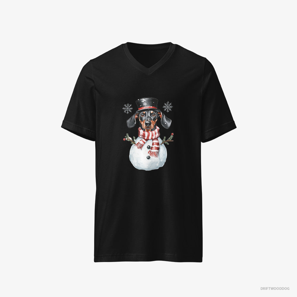 Dobermann T-Shirt – Men Black T-Shirt V-Neck – Dressed as a Snowman (on White Background)