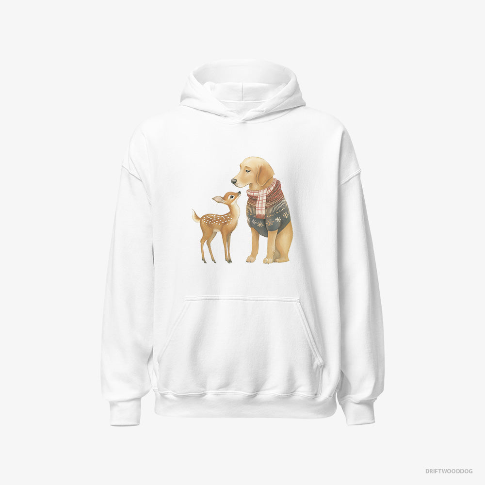 Golden Retriever Hoodie – Men White Hoodie Classic – and a Baby Reindeer (on White Background)