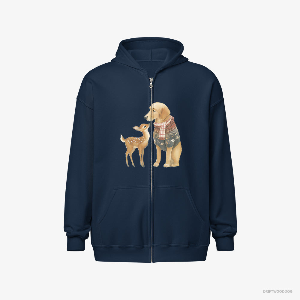 Golden Retriever Hoodie – Men Navy Hoodie Full-Zip – and a Baby Reindeer (on White Background)