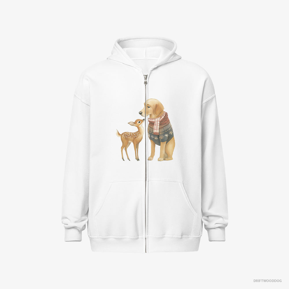 Golden Retriever Hoodie – Men White Hoodie Full-Zip – and a Baby Reindeer (on White Background)