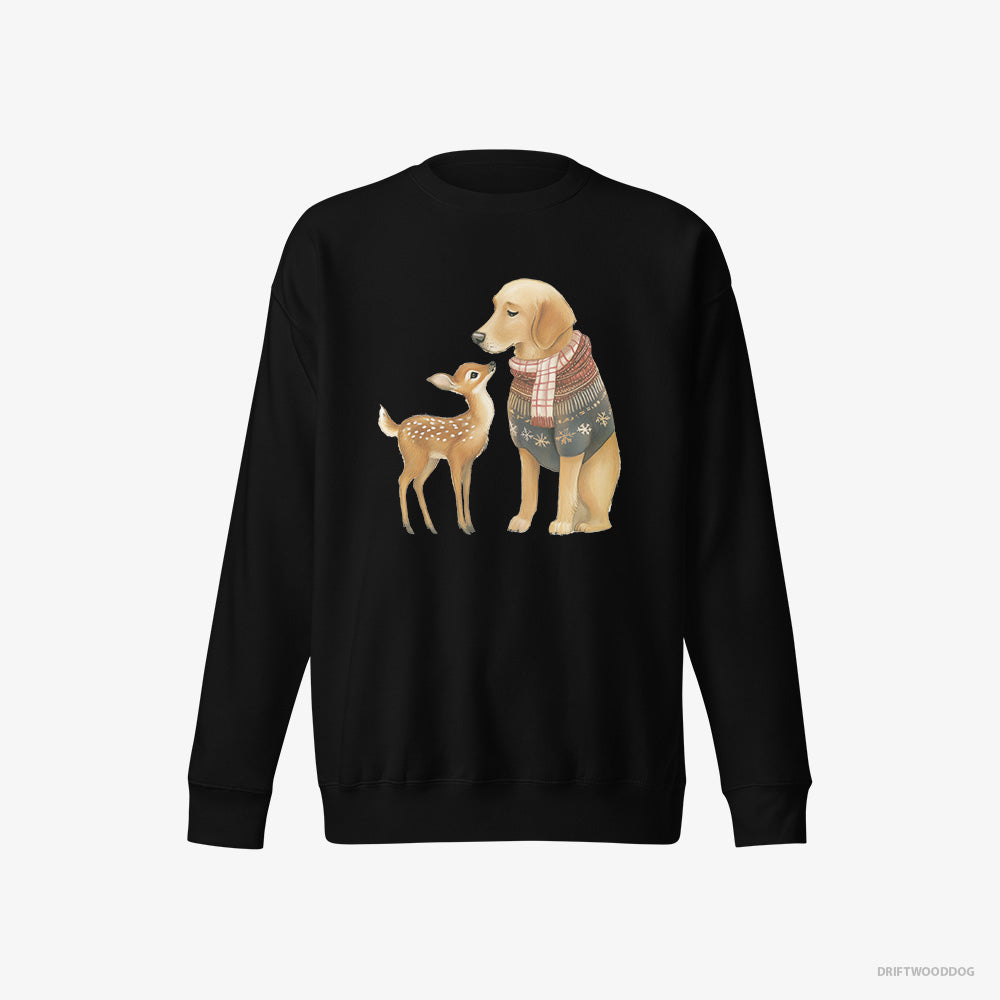 Golden Retriever Sweatshirt – Men Black Sweatshirt Eco-Friendly – and a Baby Reindeer (on White Background)