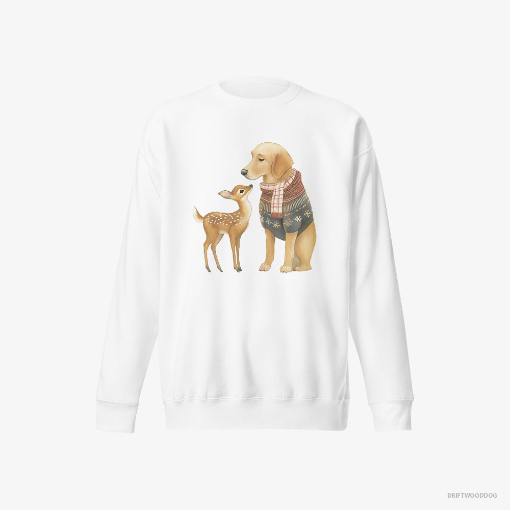 Golden Retriever Sweatshirt – Men White Sweatshirt Eco-Friendly – and a Baby Reindeer (on White Background)