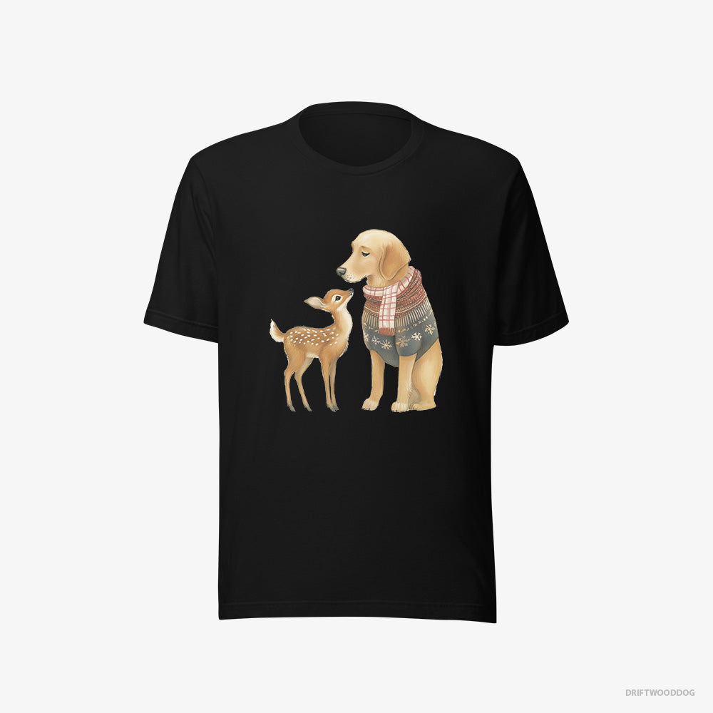 Golden Retriever T-Shirt – Men Black T-Shirt Eco-Friendly – and a Baby Reindeer (on White Background)