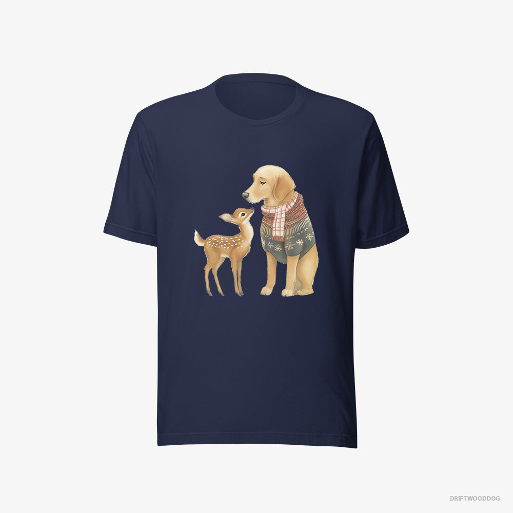 Golden Retriever T-Shirt – Women Navy T-Shirt Eco-Friendly – and a Baby Reindeer (on White Background)