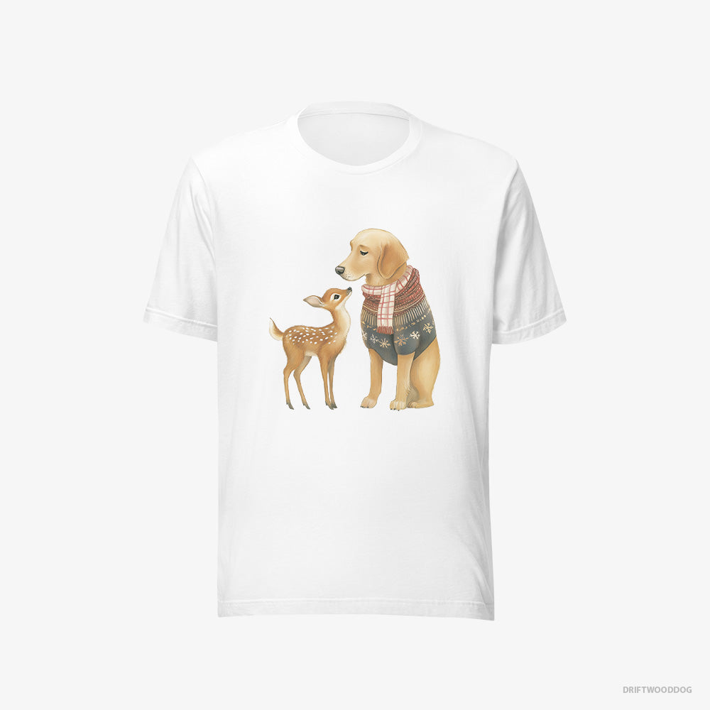 Golden Retriever T-Shirt – Men White T-Shirt Eco-Friendly – and a Baby Reindeer (on White Background)