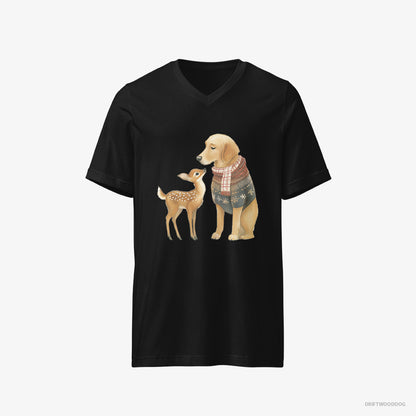 Golden Retriever T-Shirt – Men Black T-Shirt V-Neck – and a Baby Reindeer (on White Background)