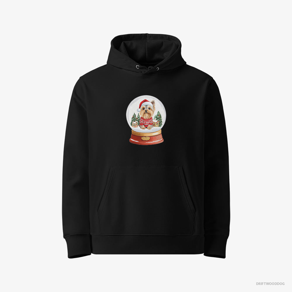 Yorkshire Terrier Hoodie – Men Black Hoodie Eco-Friendly – Inside a Snow Globe (on White Background)