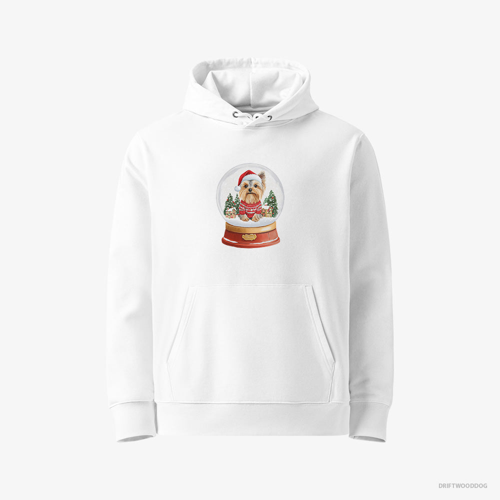 Yorkshire Terrier Hoodie – Women White Hoodie Eco-Friendly – Inside a Snow Globe (on White Background)