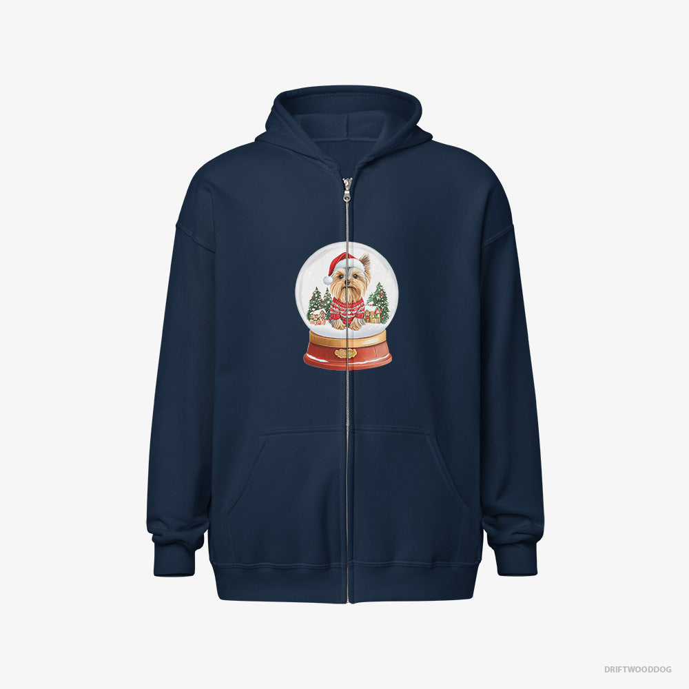 Yorkshire Terrier Hoodie – Men Navy Hoodie Full-Zip – Inside a Snow Globe (on White Background)