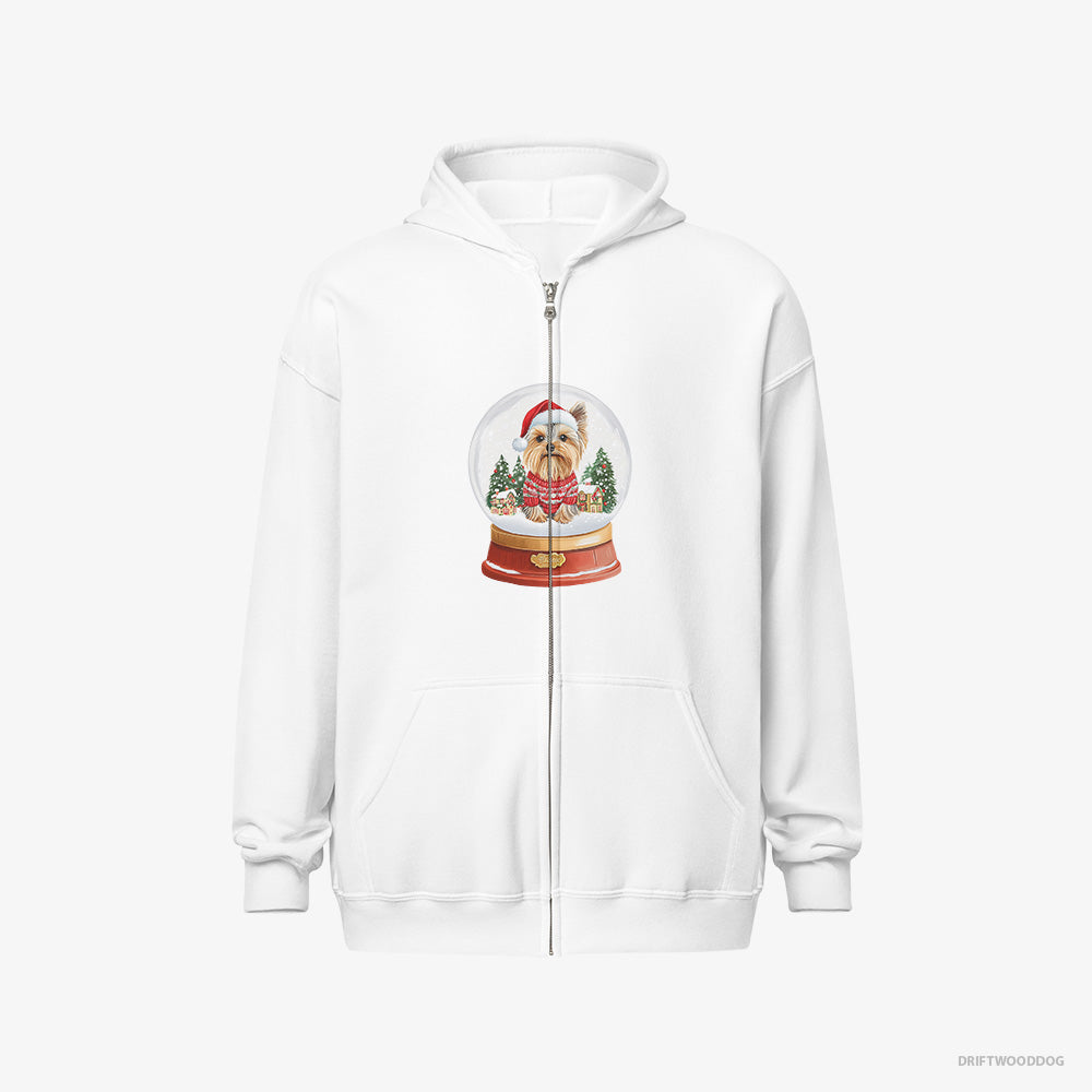 Yorkshire Terrier Hoodie – Men White Hoodie Full-Zip – Inside a Snow Globe (on White Background)