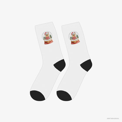 Yorkshire Terrier Socks – Unisex White Socks Classic – Inside a Snow Globe (on White Background)