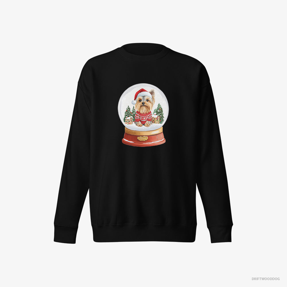 Yorkshire Terrier Sweatshirt – Men Black Sweatshirt Eco-Friendly – Inside a Snow Globe (on White Background)