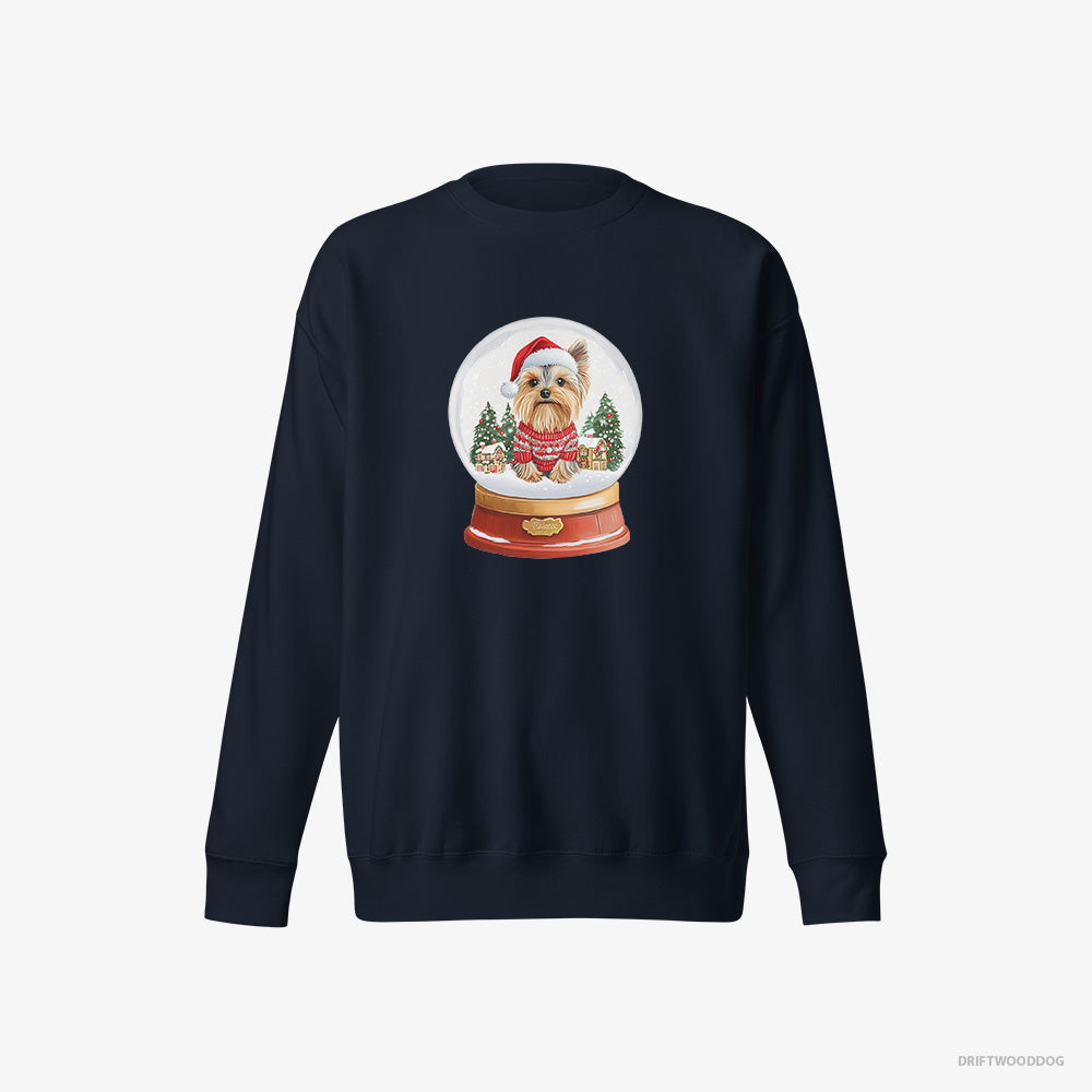 Yorkshire Terrier Sweatshirt – Men Navy Sweatshirt Eco-Friendly – Inside a Snow Globe (on White Background)