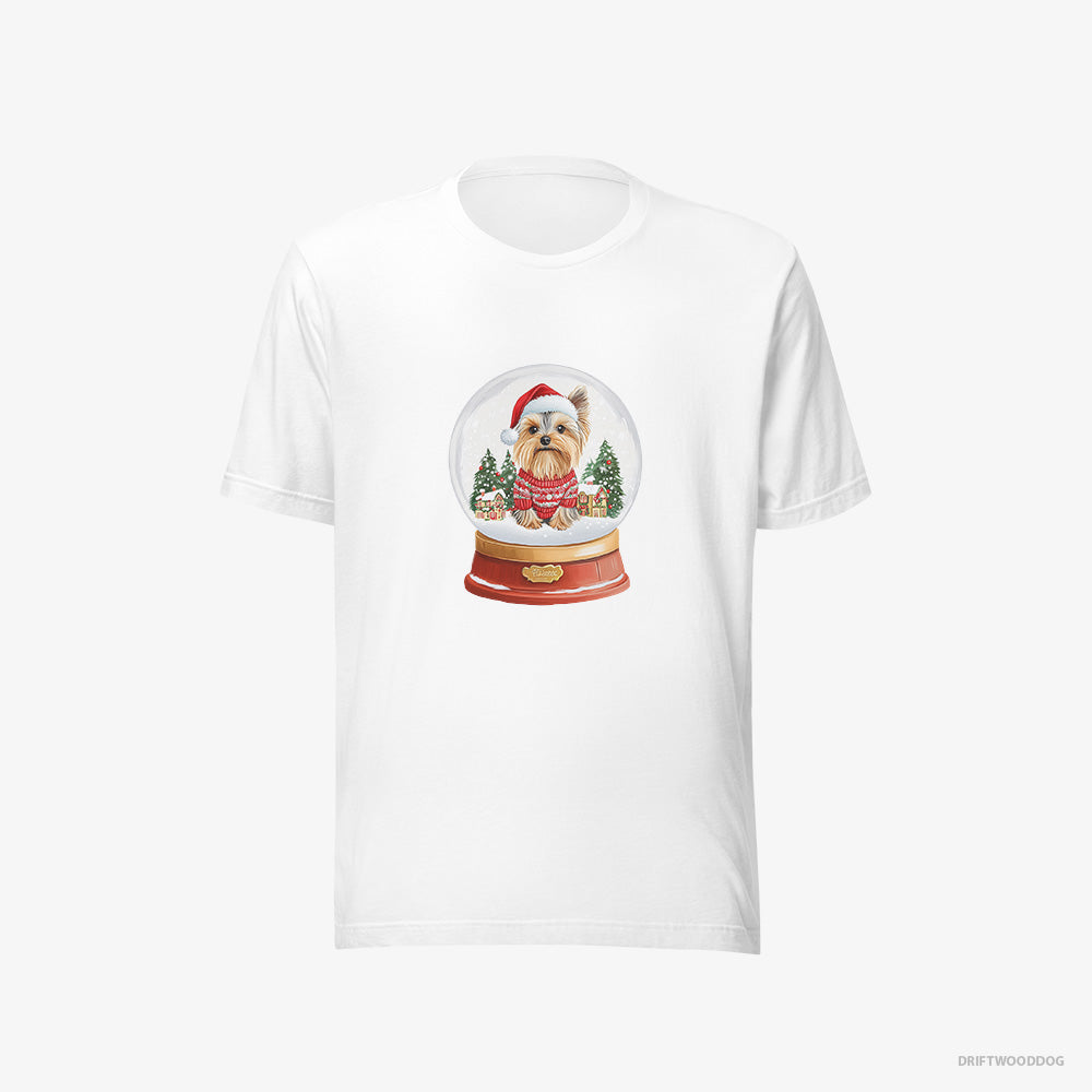 Yorkshire Terrier T-Shirt – Men White T-Shirt Eco-Friendly – Inside a Snow Globe (on White Background)