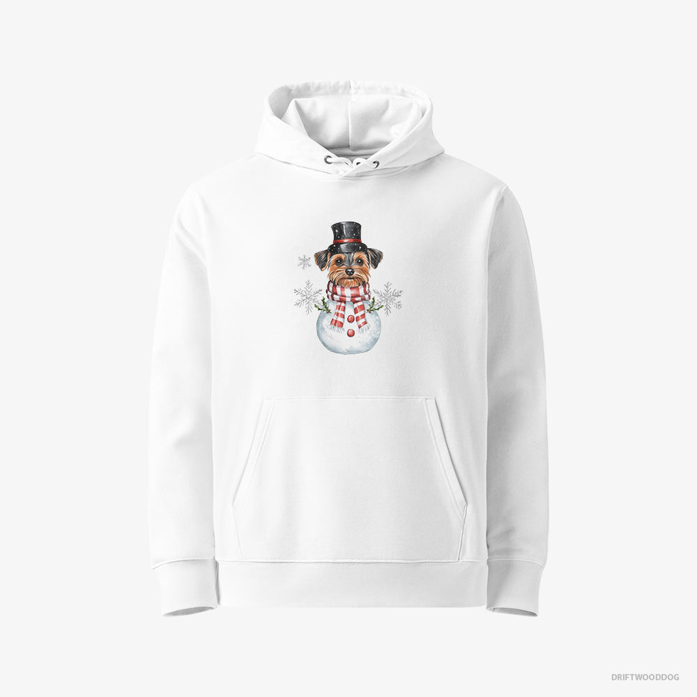 Yorkshire Terrier Hoodie – Women White Hoodie Eco-Friendly – in a Snowman Costume (on White Background)