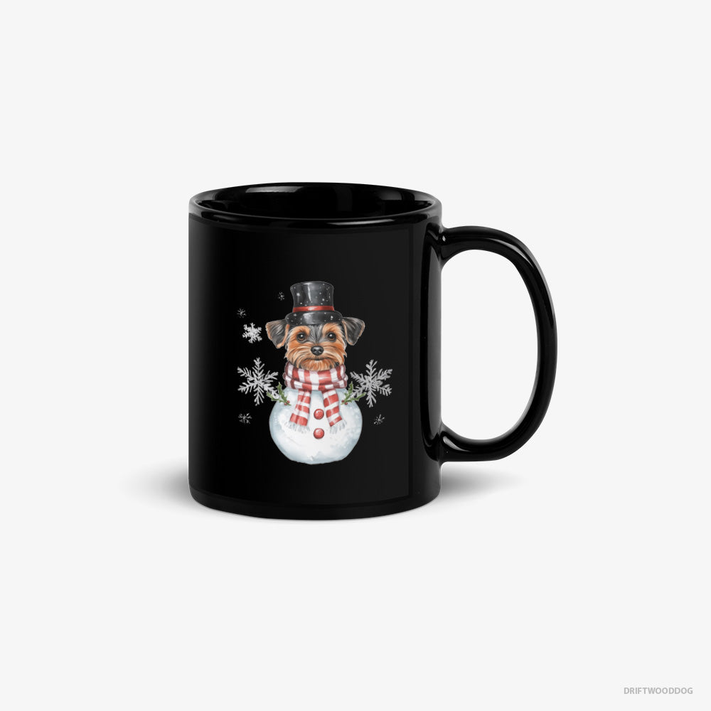 Yorkshire Terrier Mug – Unisex Black Mug Classic – in a Snowman Costume (on White Background)