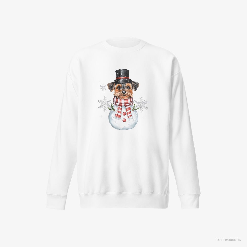 Yorkshire Terrier Sweatshirt – Women White Sweatshirt Eco-Friendly – in a Snowman Costume (on White Background)