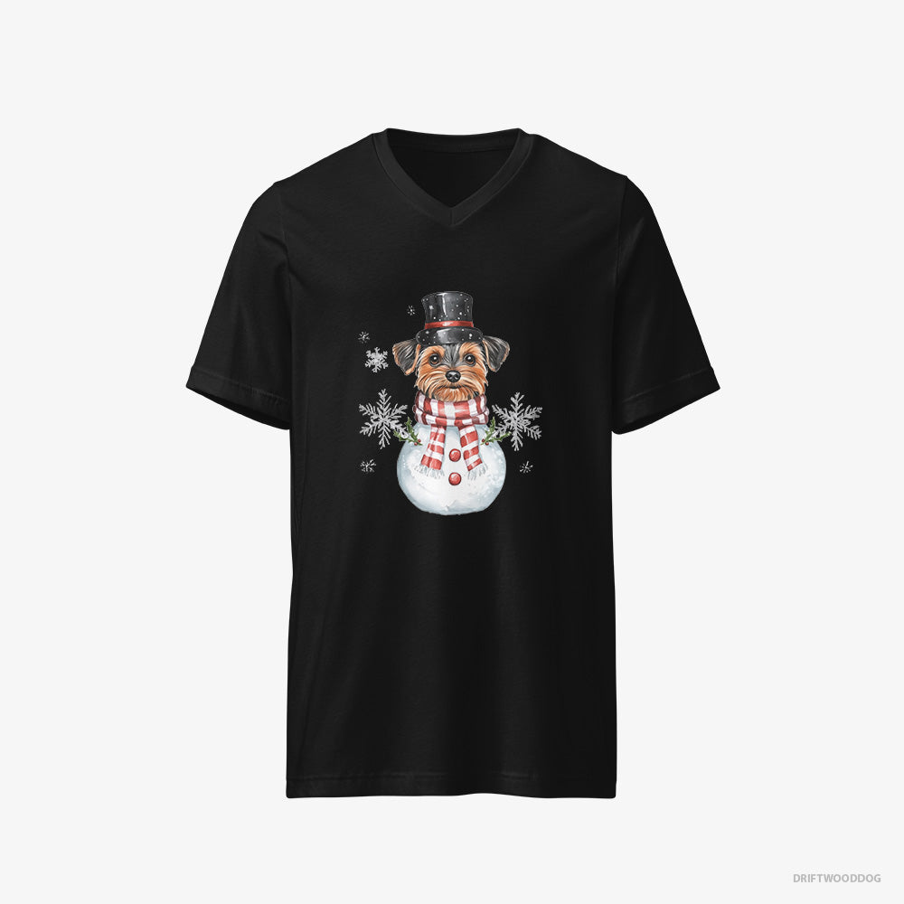 Yorkshire Terrier T-Shirt – Men Black T-Shirt V-Neck – in a Snowman Costume (on White Background)