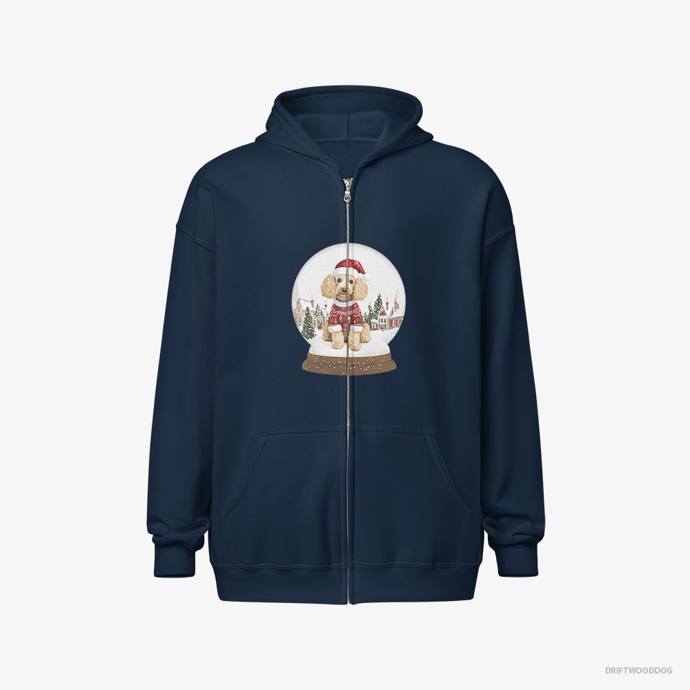 Poodle Hoodie – Men Navy Hoodie Full-Zip – in a Christmas Snow Globe (on White Background)